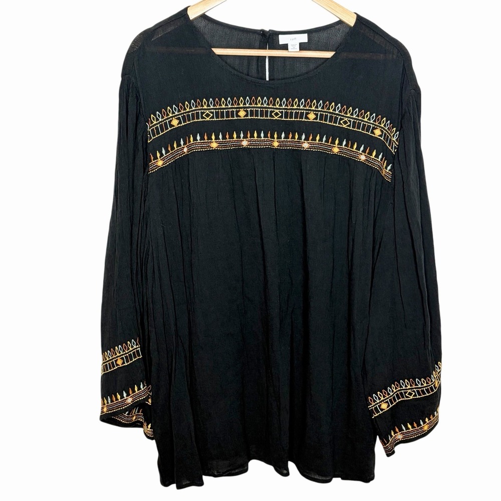 J Jill Embroidered Gauze Top Black Womens 4X Boho Southwestern Aztec Long Sleeve